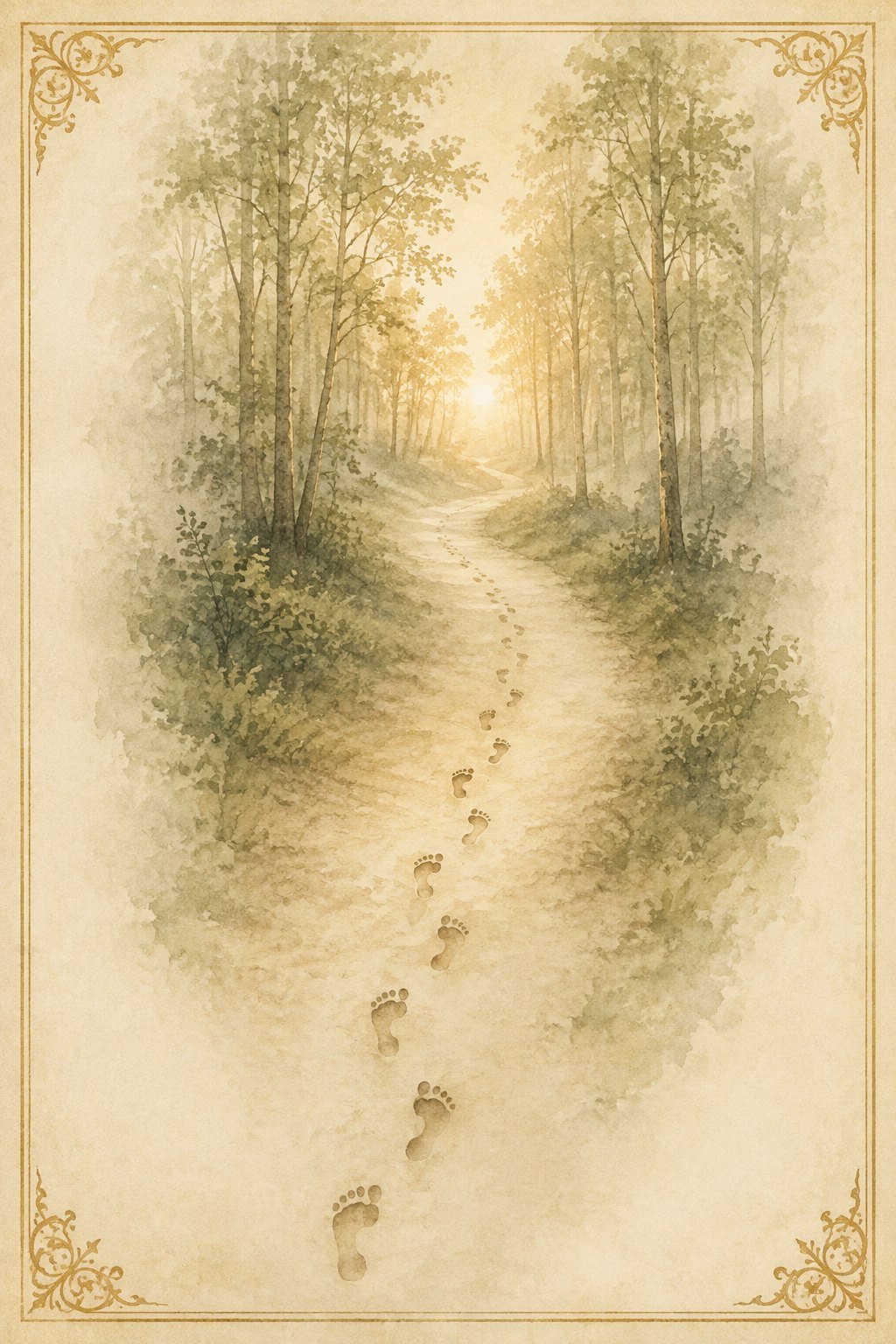 Um par de pegadas num caminho de terra na floresta, a trilha seguindo em direção à luz do nascer do sol entre as árvores
