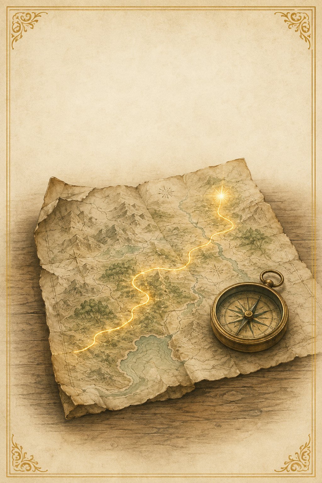 Um mapa antigo sobre a mesa com uma nova rota dourada sendo traçada, uma bússola ao lado