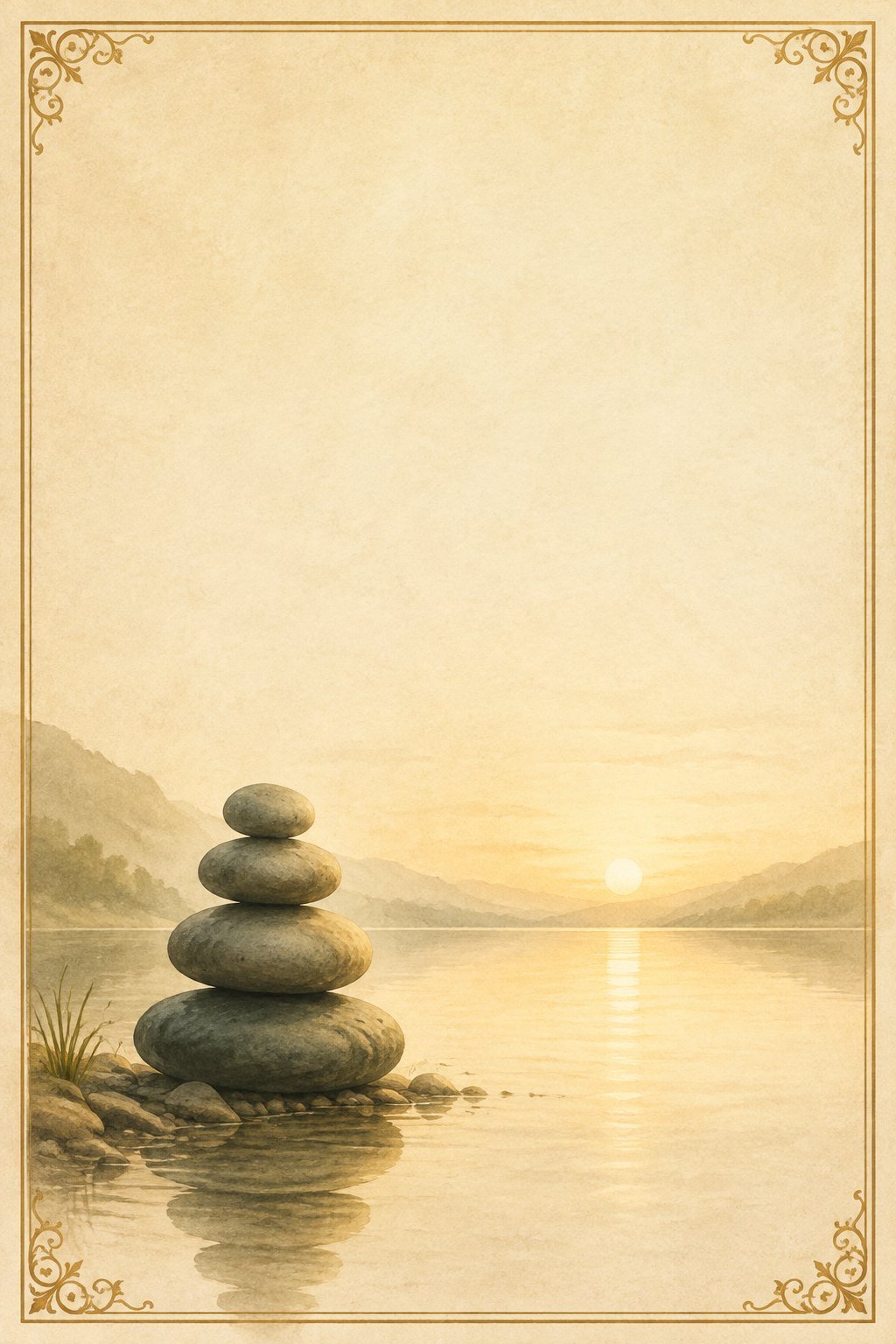 Pedras equilibradas à beira de um lago calmo ao nascer do sol